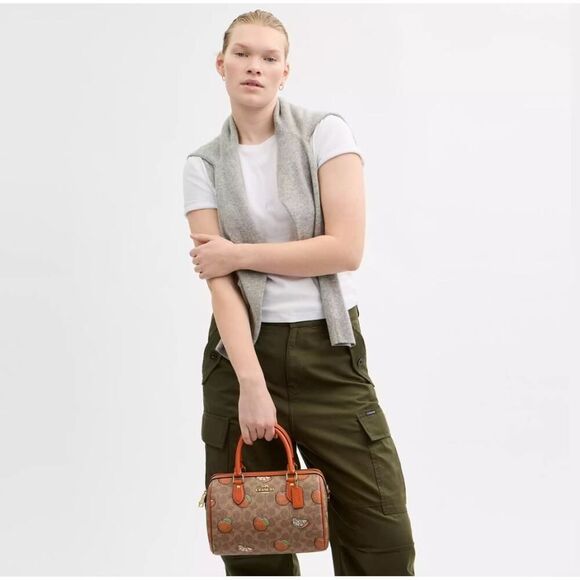 Coach Rowan Satchel Bag In Signature Canvas With Orange Print CAQ61 - Picture 4 of 8